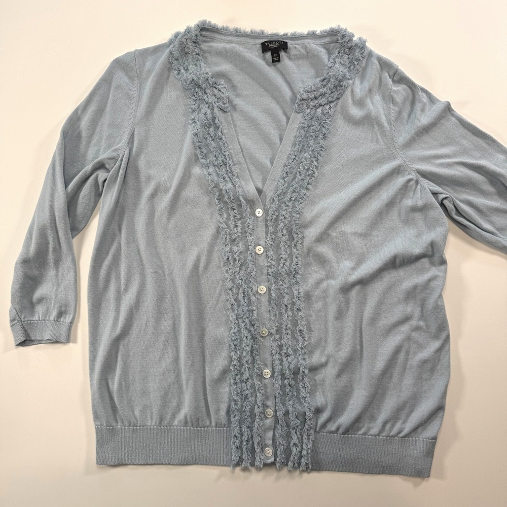 TALBOTS‎ Silk-Cotton Textured Ruffle Front 3/4 Sleeve Cardigan Womens 1X Blue